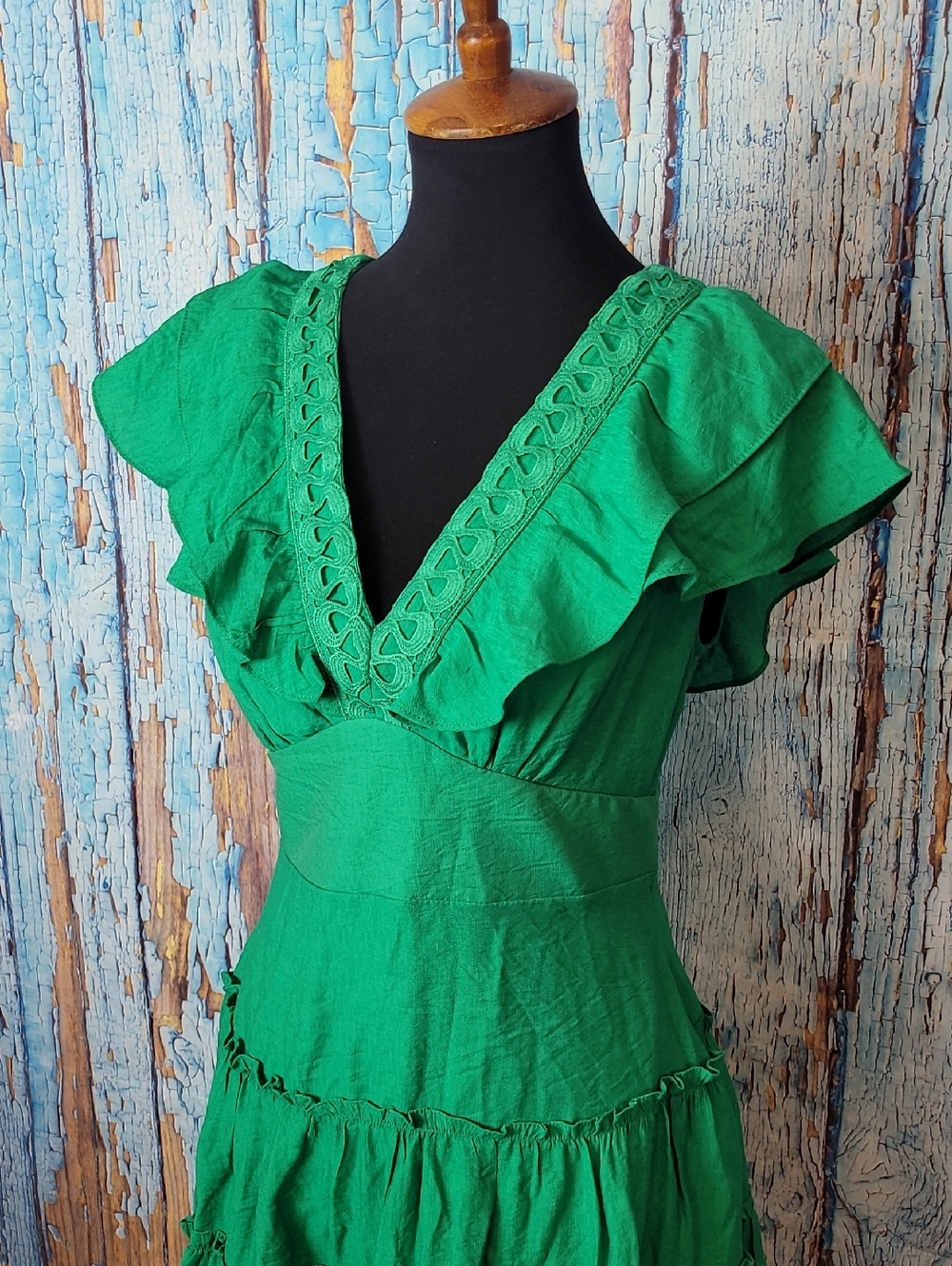 Green Ruffle V-Neck Mini Dress - Picture 3 of 9